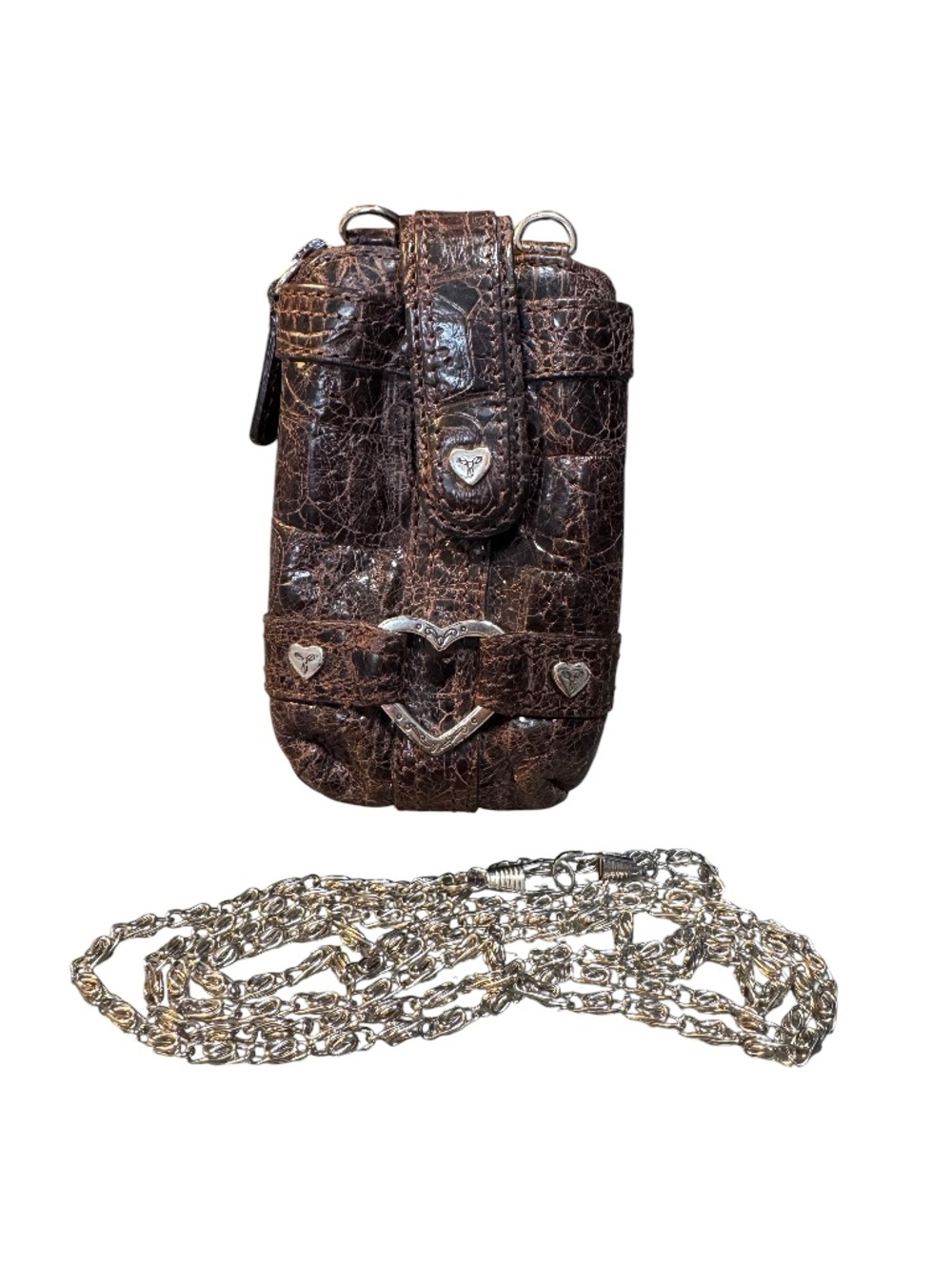 Brighton Genuine Leather Silver Tone Heart Card Holder Wallet With Chain